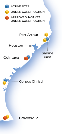 Map of LNG facilities on the Texas coast