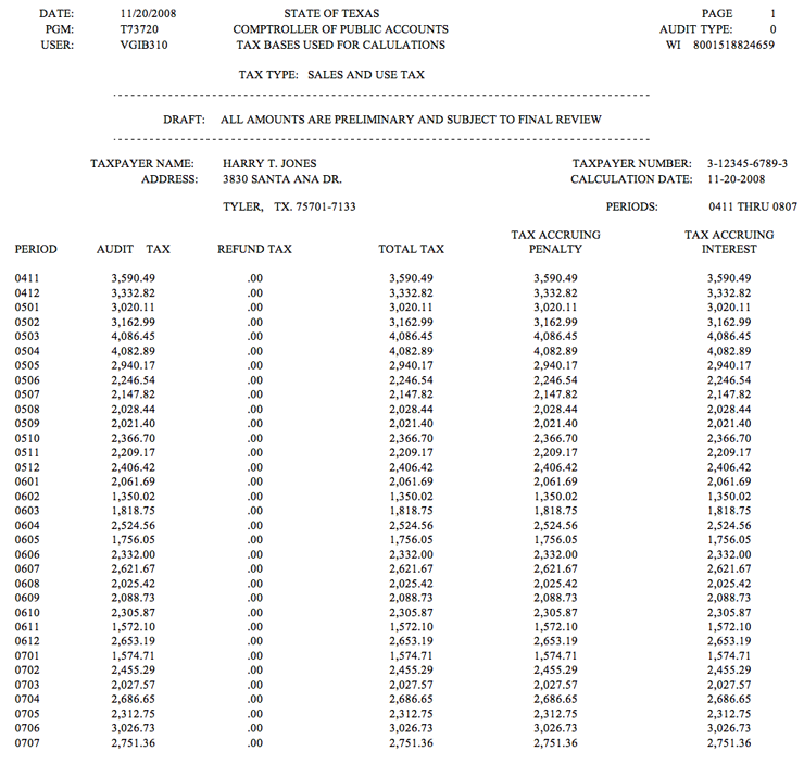 TThis is an example of the beginning of the Tax Bases Used for Calculations Report
