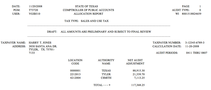 This is an example of the Allocation Report